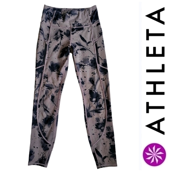 Athleta Rainier Floral Print Reflective Running Leggings Gray Size Small - Picture 1 of 13